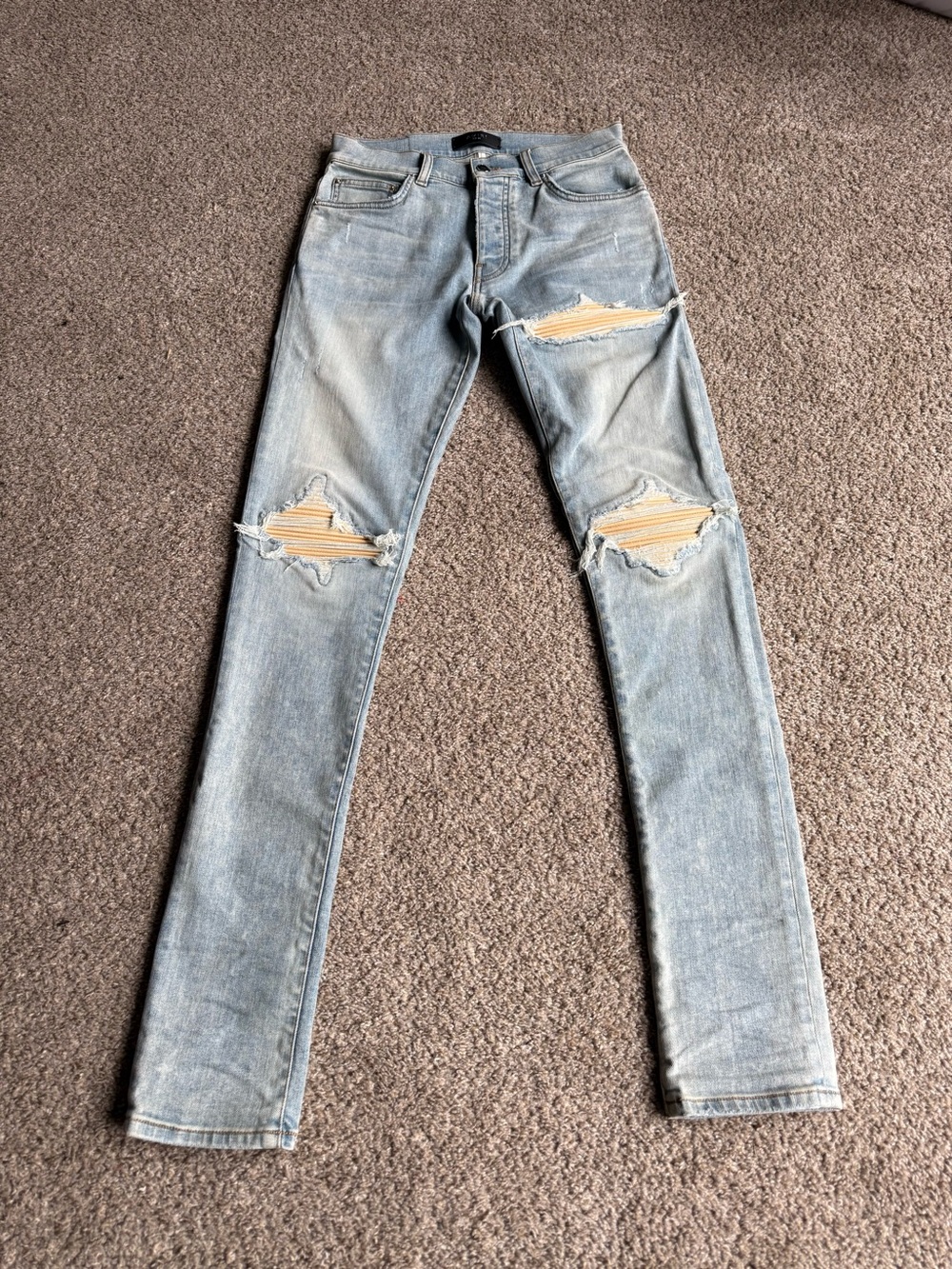 AMIRI Light Blue Distressed Slim Jeans with Beige Underlay